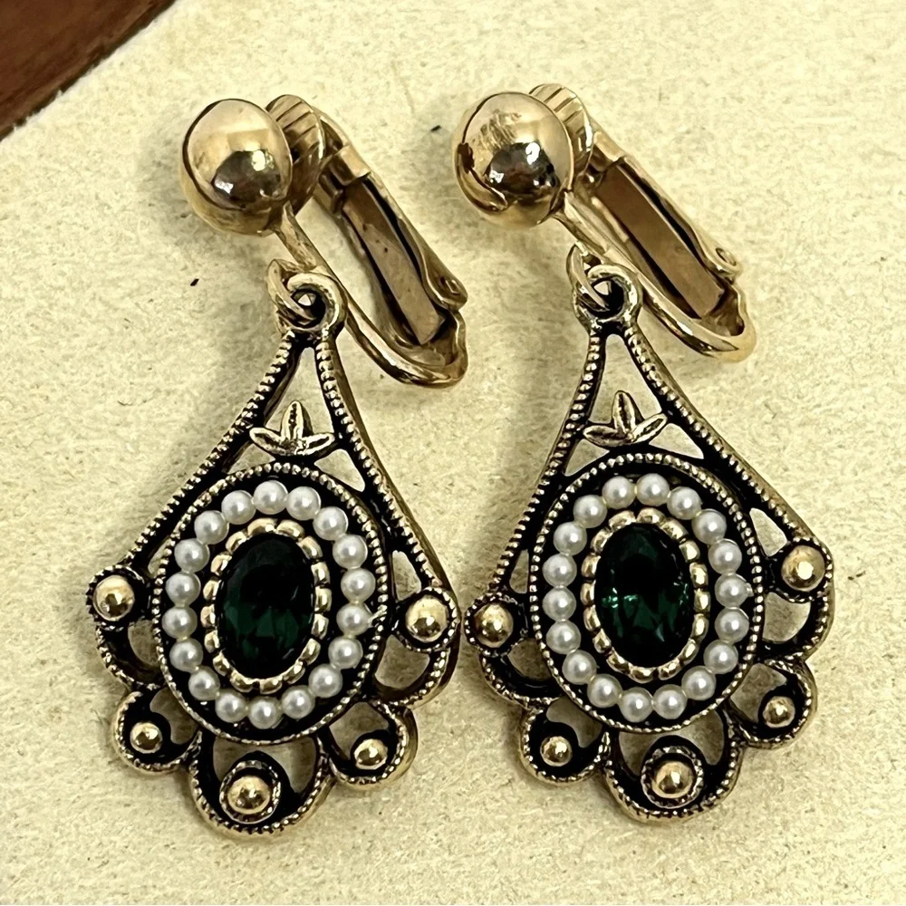 Vintage Avon Gold, Pearl, and Green Stone Clip-On Dangling Earrings